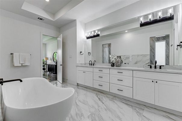 Bathroom, Dual Sink Vanities, Free Standing Baths, Interior, Marble, Marble Walls, Recessed Lighting