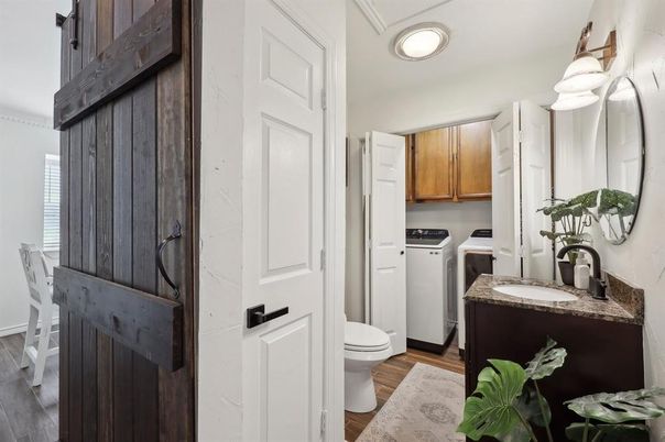 Bathroom, Interior, Washer, Wood Texture Flooring