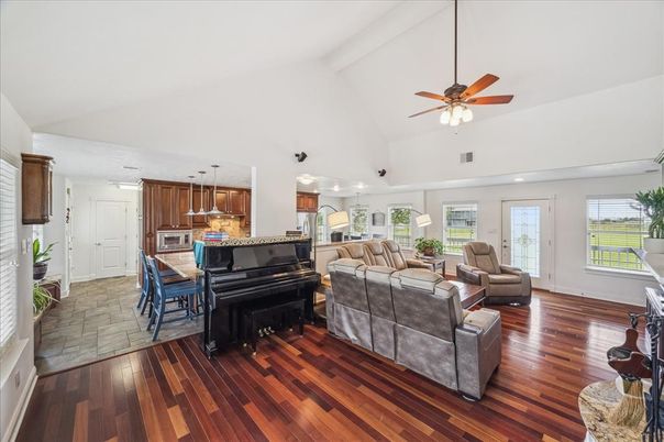 Interior, Kitchen, Living room, Pendant Lights, Piano, Recessed Lighting, Wood Texture Flooring