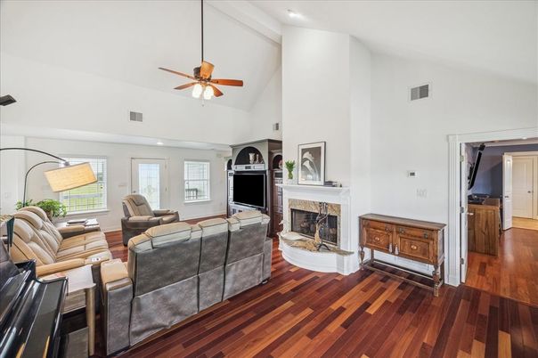 Fireplace, Interior, Living room, Recessed Lighting, Wood Texture Flooring