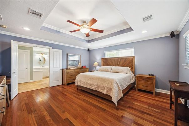 Bedroom, Interior, Recessed Lighting, Wood Texture Flooring