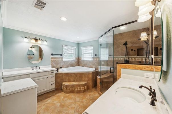 Bathroom, Dual Sink Vanities, Glass Shower, Interior, Recessed Lighting