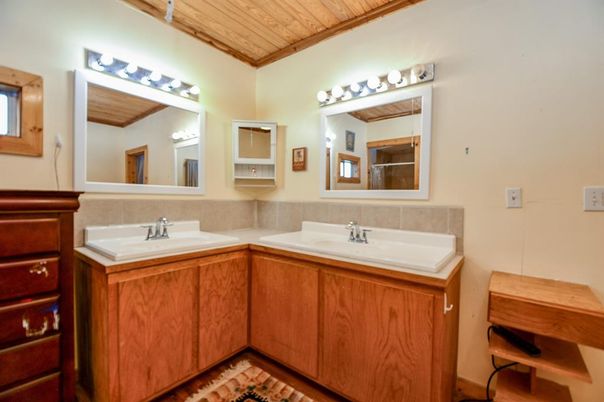 Bathroom, Dual Sink Vanities, Interior, Wooden Ceilings, Wood Texture Flooring