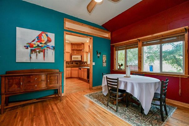 Dining room, Interior, Recessed Lighting, Wood Texture Flooring