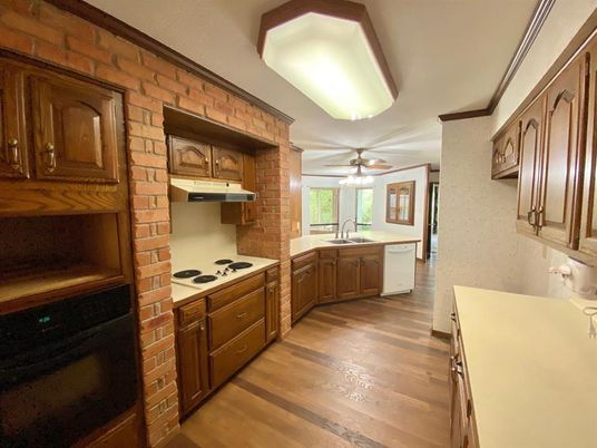Interior, Kitchen, Stone Walls, Wood Texture Flooring