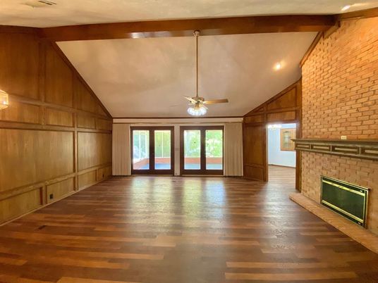 Empty room, Fireplace, Interior, Stone Walls, Wooden Beams, Wood Texture Flooring, Wooden Walls