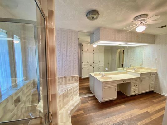 Bathroom, Dual Sink Vanities, Glass Shower, Interior, Wood Texture Flooring