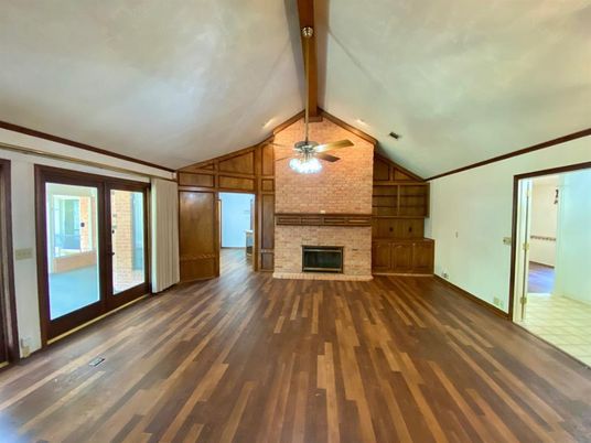 Empty room, Fireplace, Interior, Stone Walls, Wood Texture Flooring