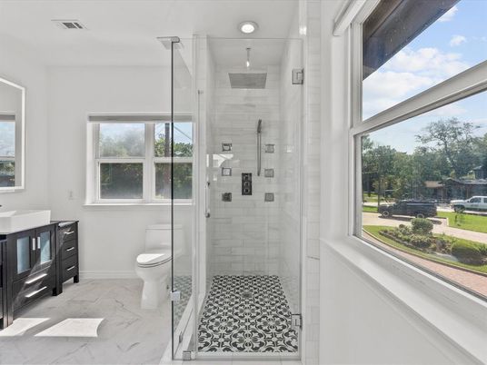 Bathroom, Glass Shower, Interior, Marble, Recessed Lighting