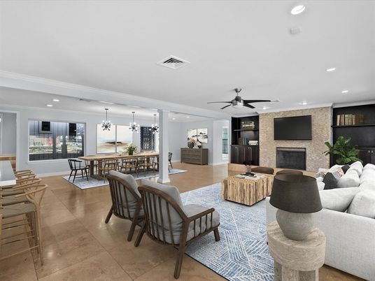 Dining room, Fireplace, Interior, Living room, Pendant Lights, Recessed Lighting