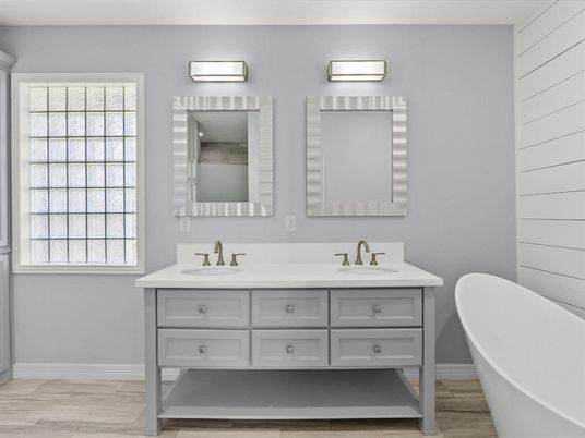Bathroom, Dual Sink Vanities, Free Standing Baths, Interior, Wood Texture Flooring
