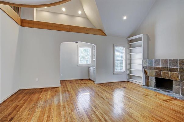 Empty room, Fireplace, Interior, Recessed Lighting, Wood Texture Flooring