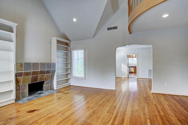 Empty room, Fireplace, Interior, Recessed Lighting, Wood Texture Flooring
