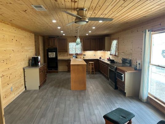 Interior, Kitchen, Recessed Lighting, Wooden Ceilings, Wood Texture Flooring, Wooden Walls
