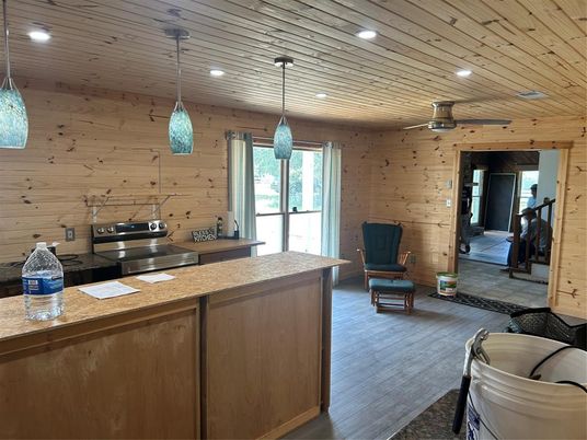 Interior, Kitchen, Pendant Lights, Recessed Lighting, Stainless Steel Appliances, Wooden Ceilings, Wood Texture Flooring, Wooden Walls