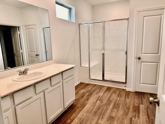Bathroom, Glass Shower, Interior, Recessed Lighting, Wood Texture Flooring