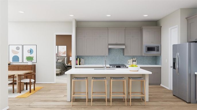 Dining room, Interior, Kitchen, Recessed Lighting, Stainless Steel Appliances, Wood Texture Flooring