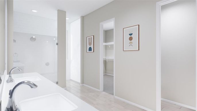 Bathroom, Interior, Recessed Lighting, Wood Texture Flooring