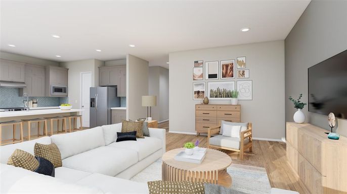 Interior, Kitchen, Living room, Recessed Lighting, Stainless Steel Appliances, Wood Texture Flooring