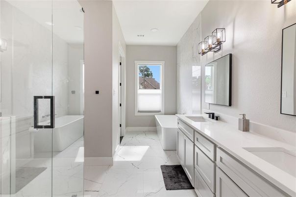 Bathroom, Dual Sink Vanities, Glass Shower, Interior, Marble, Recessed Lighting