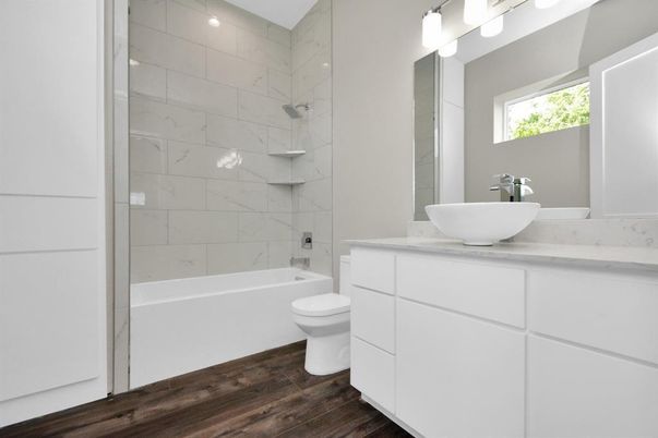 Bathroom, Interior, Marble Walls, Wood Texture Flooring