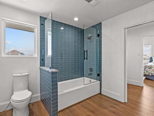 Bathroom, Glass Shower, Interior, Recessed Lighting, Wood Texture Flooring