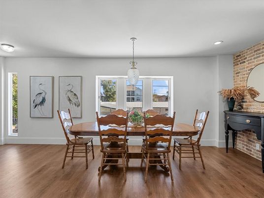 Dining room, Interior, Pendant Lights, Recessed Lighting, Stone Walls, Wood Texture Flooring