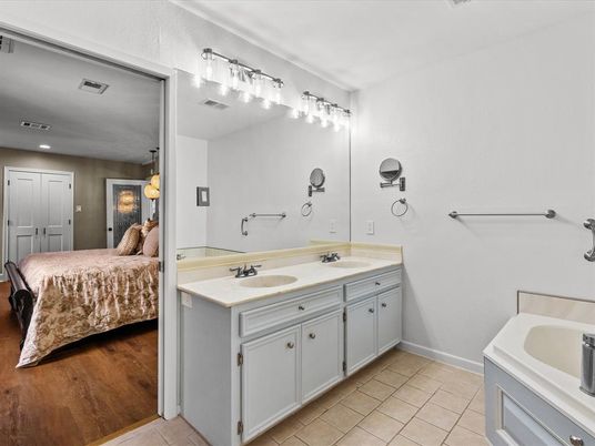 Bathroom, Bedroom, Dual Sink Vanities, Interior, Recessed Lighting, Wood Texture Flooring