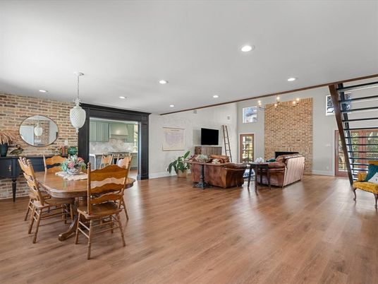 Dining room, Interior, Living room, Pendant Lights, Recessed Lighting, Stone Walls, Wood Texture Flooring