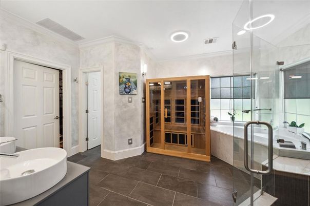 Bathroom, Dual Sink Vanities, Glass Shower, Interior, Recessed Lighting, Sauna Room