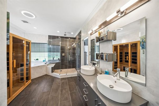 Bathroom, Dual Sink Vanities, Glass Shower, Interior, Recessed Lighting, Wood Texture Flooring