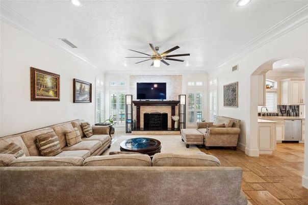 Fireplace, Interior, Living room, Recessed Lighting, Wood Texture Flooring