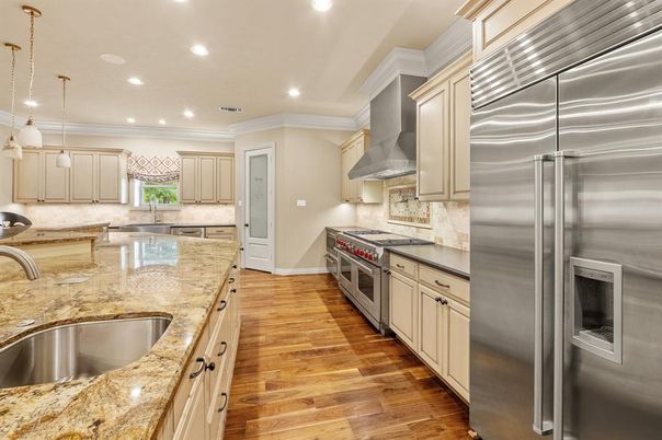 Interior, Kitchen, Pendant Lights, Recessed Lighting, Stainless Steel Appliances, Wood Texture Flooring