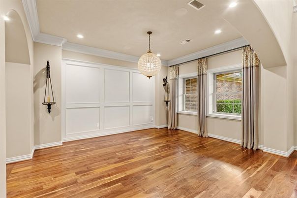 Chandelier, Empty room, Interior, Recessed Lighting, Wood Texture Flooring