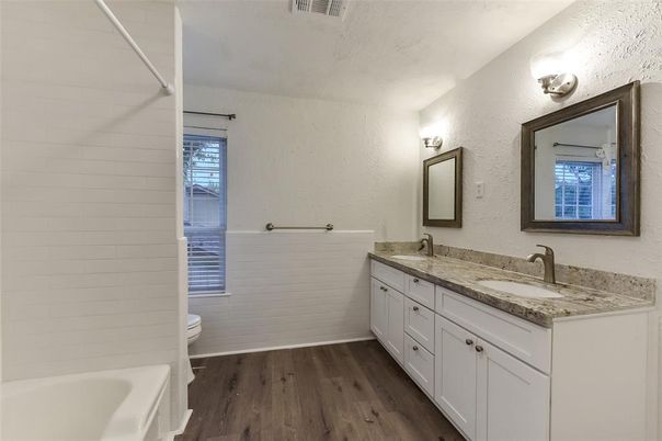 Bathroom, Dual Sink Vanities, Interior, Wood Texture Flooring