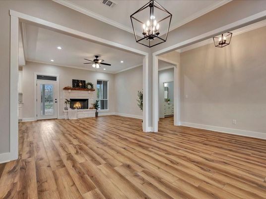 Empty room, Fireplace, Interior, Pendant Lights, Recessed Lighting, Wood Texture Flooring