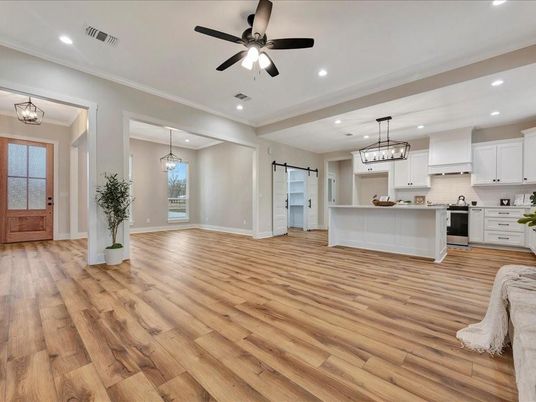 Chandelier, Interior, Kitchen, Pendant Lights, Recessed Lighting, Wood Texture Flooring