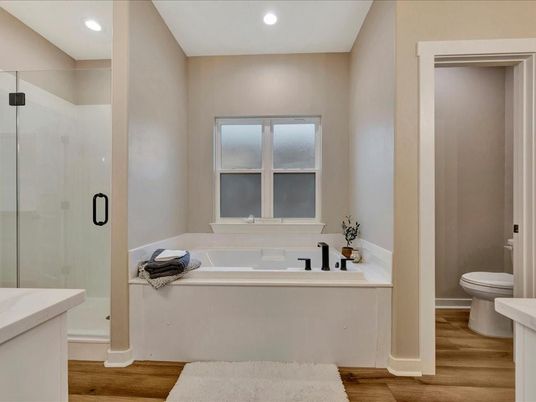 Bathroom, Glass Shower, Interior, Recessed Lighting, Wood Texture Flooring