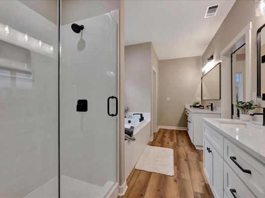 Bathroom, Dual Sink Vanities, Interior, Wood Texture Flooring