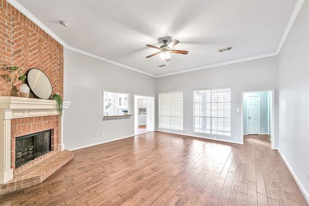 Empty room, Fireplace, Interior, Stone Walls, Wood Texture Flooring
