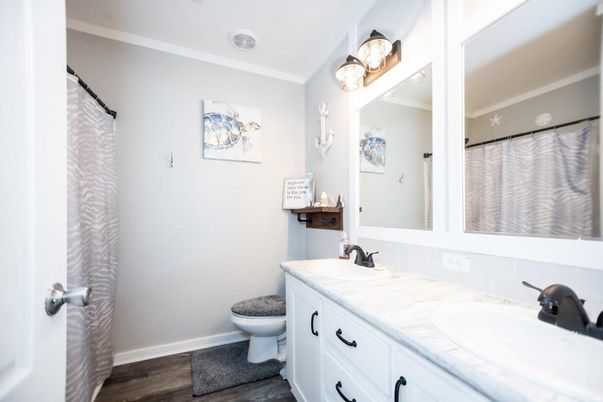 Bathroom, Dual Sink Vanities, Interior, Tile Countertops, Wood Texture Flooring