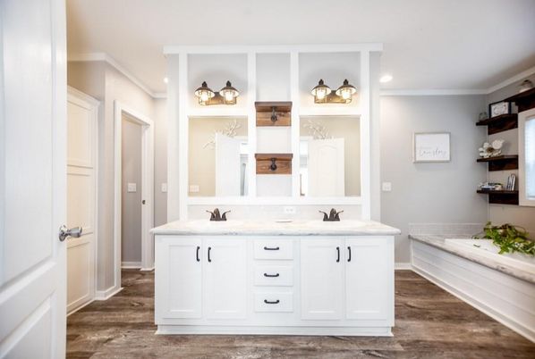 Bathroom, Dual Sink Vanities, Interior, Recessed Lighting, Wood Texture Flooring