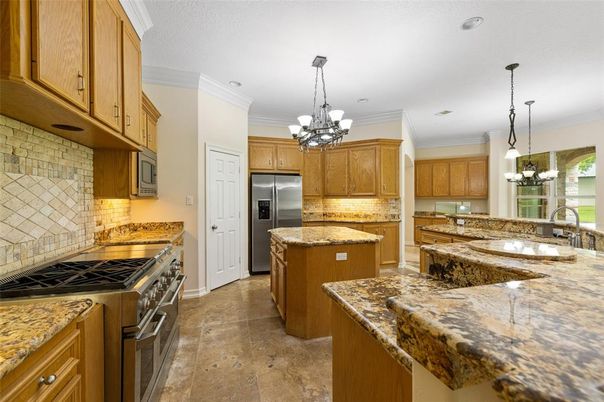 Chandelier, Interior, Kitchen, Pendant Lights, Recessed Lighting, Stainless Steel Appliances