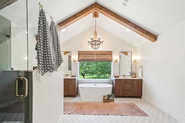 Bathroom, Chandelier, Dual Sink Vanities, Free Standing Baths, Glass Shower, Interior, Pendant Lights, Recessed Lighting, Wooden Beams