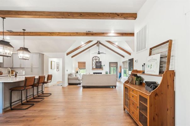 Interior, Kitchen, Living room, Pendant Lights, Recessed Lighting, Wooden Beams, Wood Texture Flooring