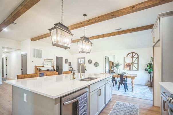 Dining room, Interior, Kitchen, Pendant Lights, Stainless Steel Appliances, Wooden Beams, Wood Texture Flooring