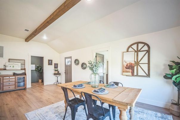 Dining room, Interior, Recessed Lighting, Wooden Beams, Wood Texture Flooring