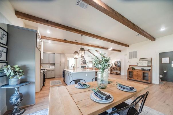 Dining room, Interior, Kitchen, Pendant Lights, Recessed Lighting, Wooden Beams, Wood Texture Flooring