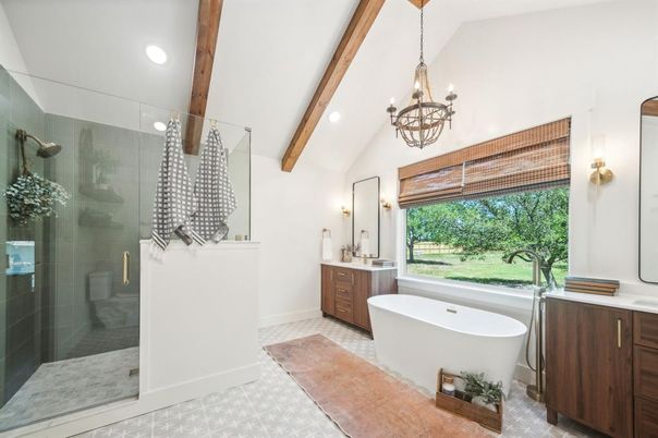Bathroom, Chandelier, Free Standing Baths, Glass Shower, Interior, Recessed Lighting, Wooden Beams