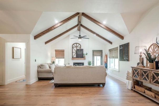 Fireplace, Interior, Living room, Recessed Lighting, Wooden Beams, Wood Texture Flooring